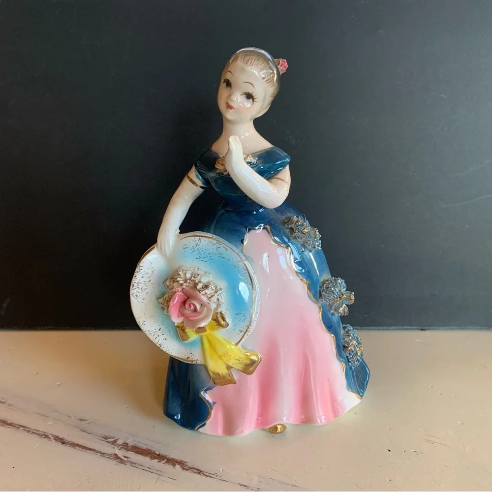 Vintage Porcelain Southern Bell Figurine, Blue & Pink Dress Flowers Matching Hat